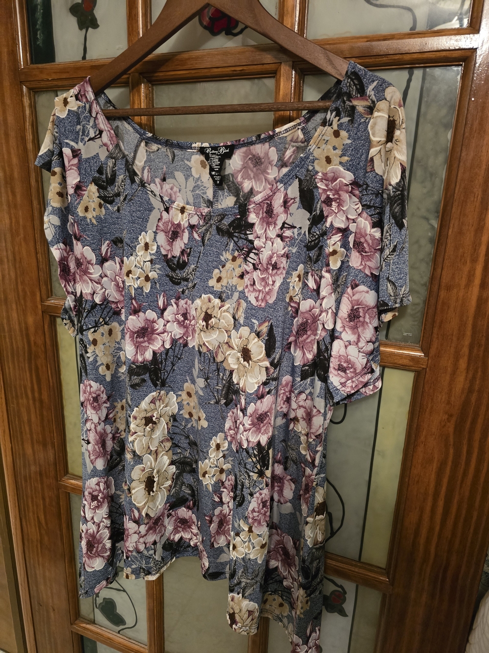 Brittany Black Floral Cold-Shoulder Blouse in Blue, Pink and Cream